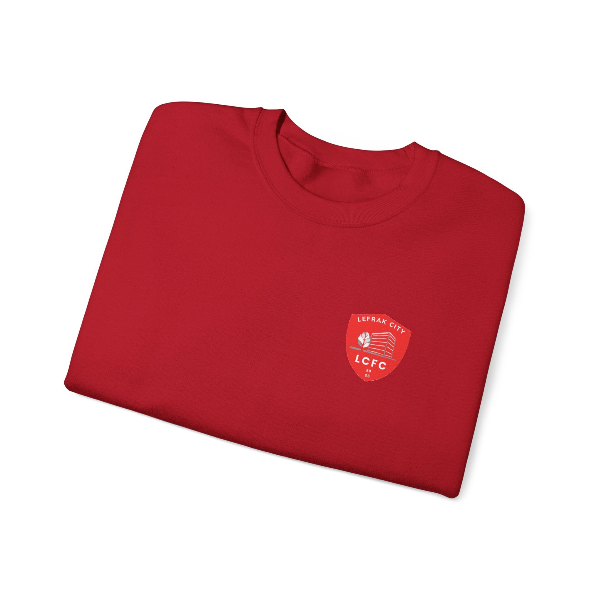 LeFrak City FC Sweatshirt | Small Red Shield Logo, Back Text