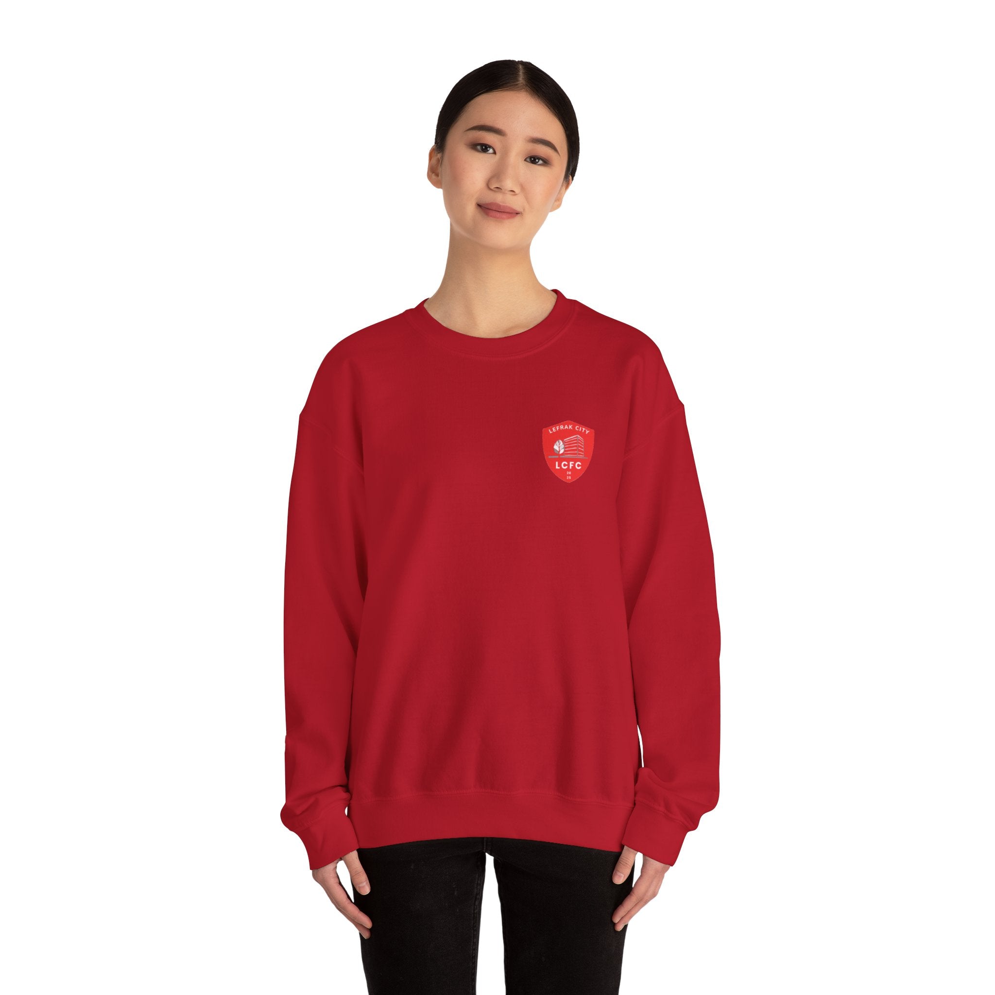 LeFrak City FC Sweatshirt | Small Red Shield Logo, Back Text