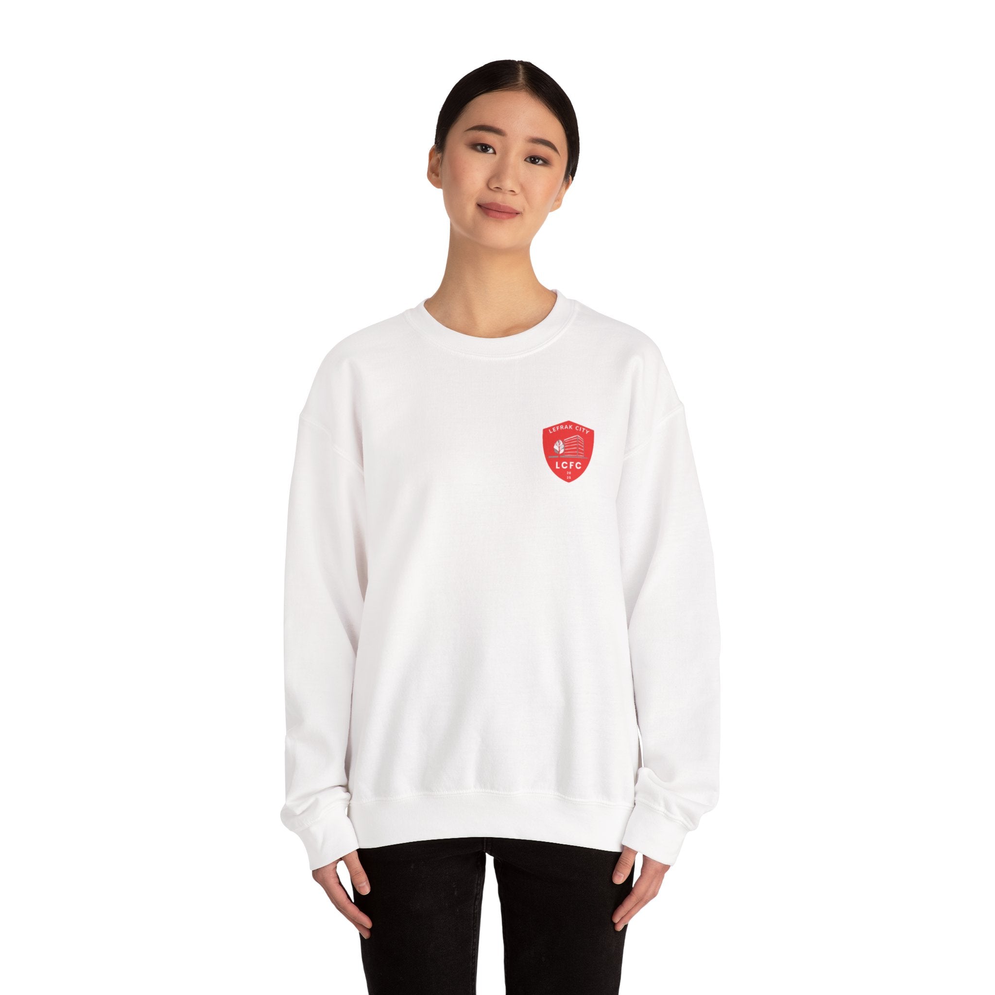 LeFrak City FC Sweatshirt | Small Red Shield Logo, Back Text