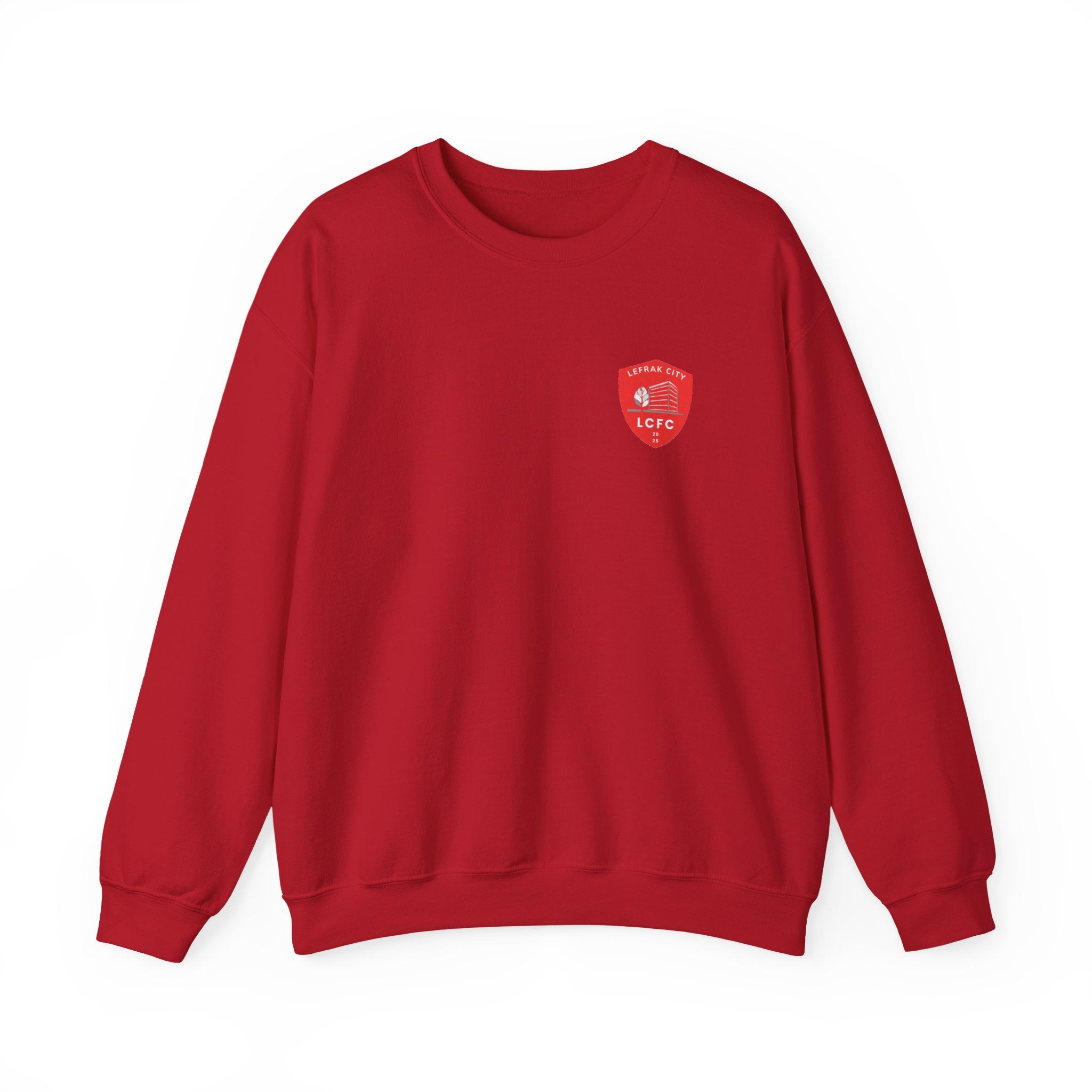 LeFrak City FC Sweatshirt | Small Red Shield Logo, Back Text