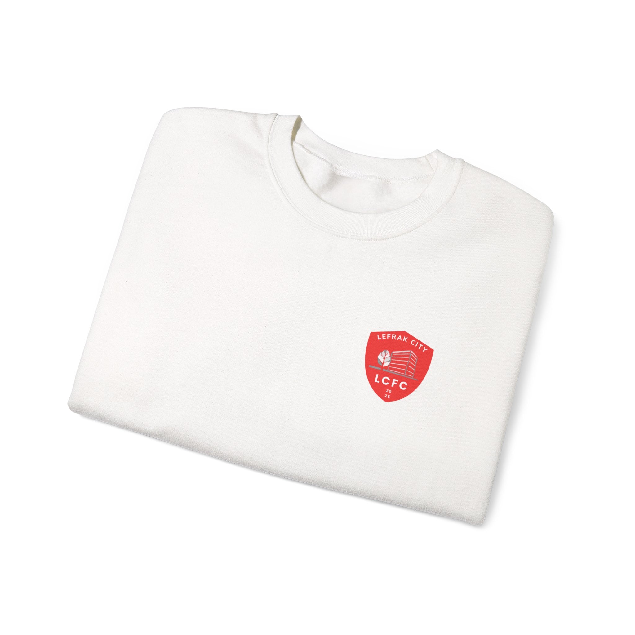 LeFrak City FC Sweatshirt | Small Red Shield Logo, Back Text
